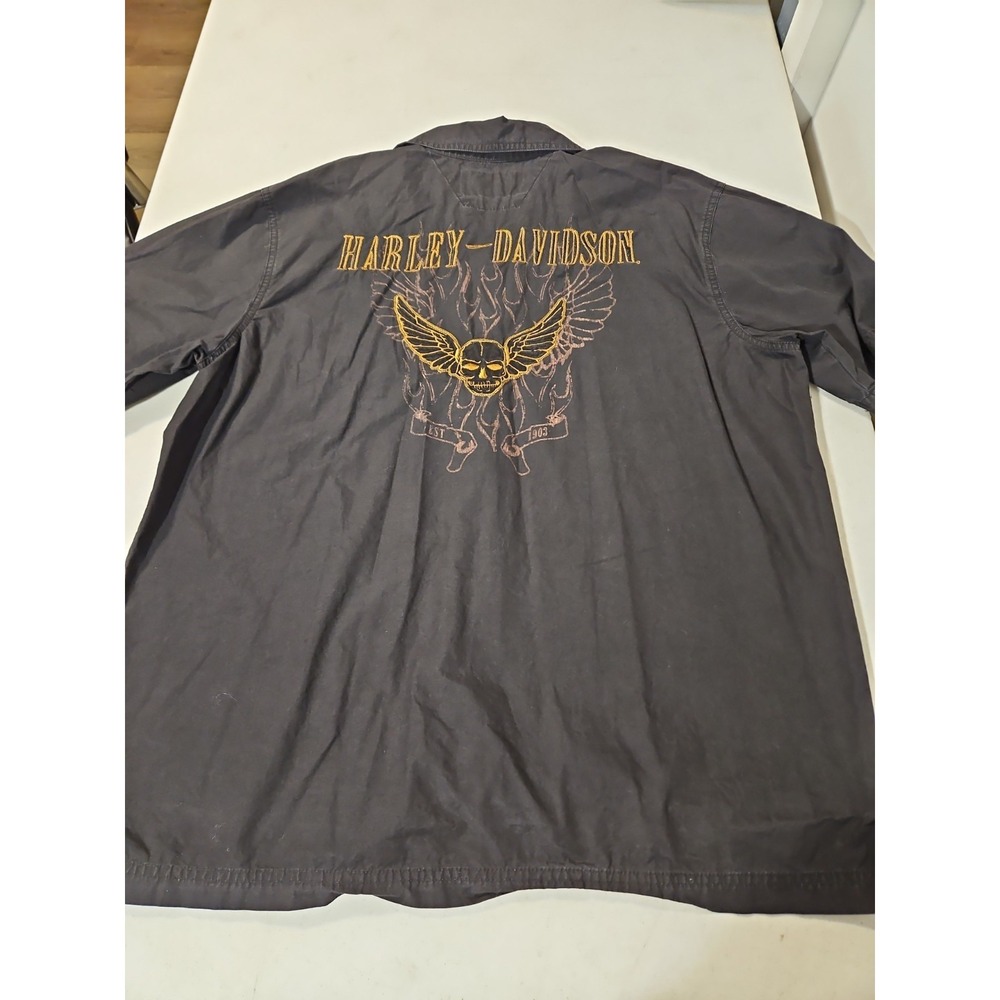Harley Davidson Shirt Mens L Black Y2K Winged Fire Skull Motorcycle Biker (1847